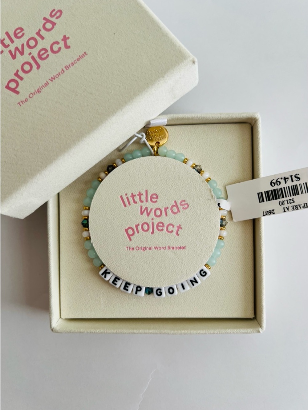 SOLD. Little Words Project 'Keep Going' Mint Green Beaded Bracelet